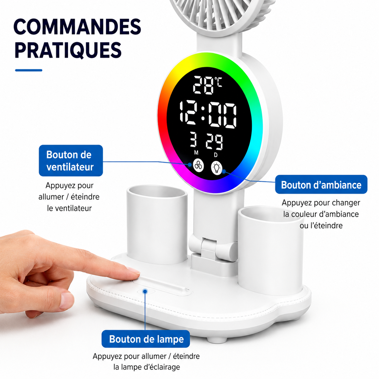 Lampe de Bureau LED Rechargeable – Horloge, Ventilateur & Affichage Intégrés