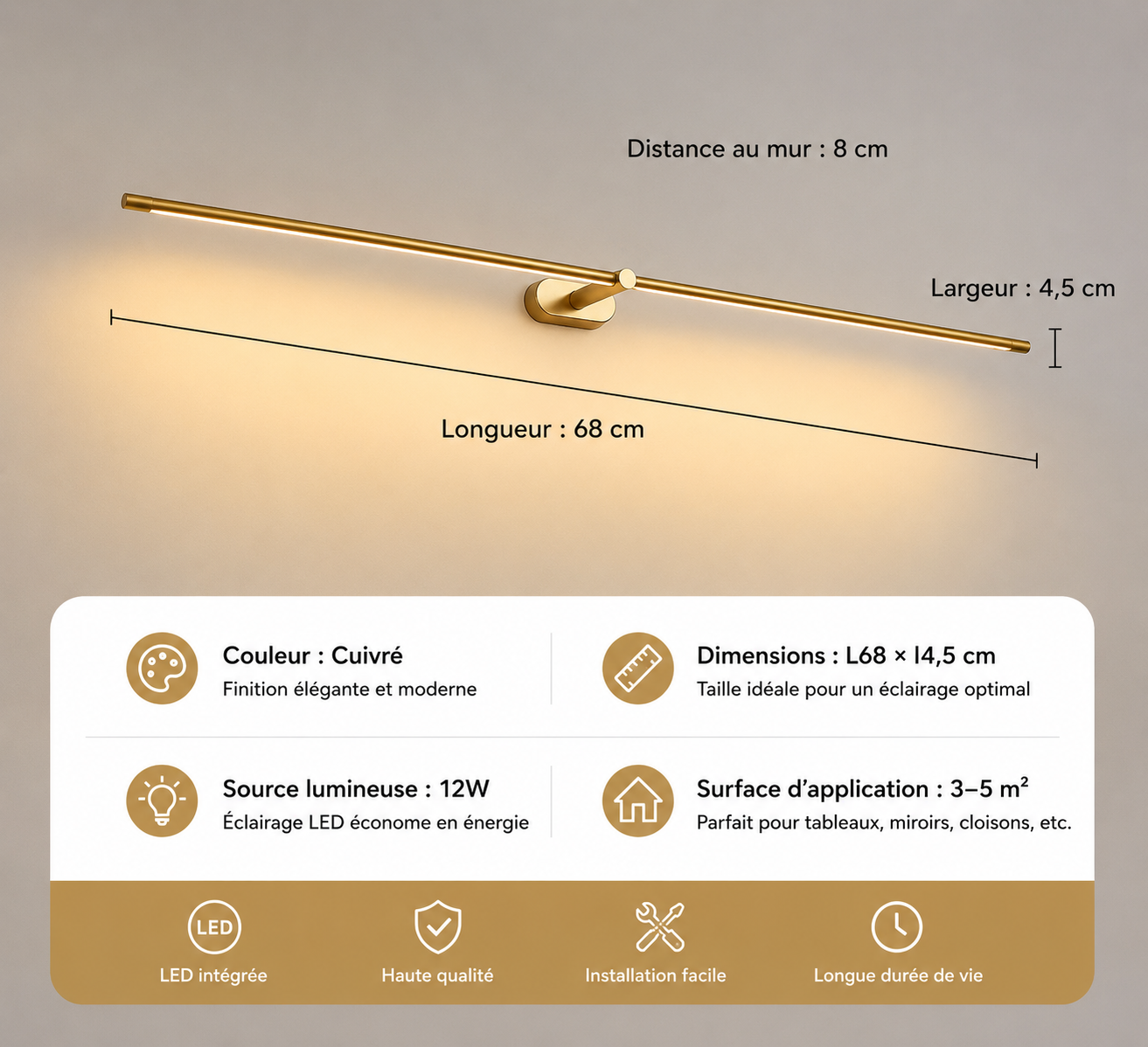 Applique Miroir LED Minimaliste – Salle de Bain & Chambre, 3 Tailles & 2 Lumières