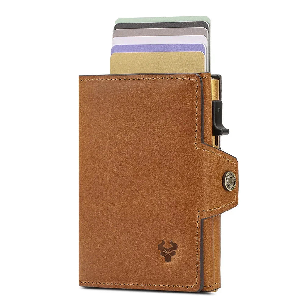 Porte-Carte en Cuir Marron pour Homme avec Mécanisme Pop-Up