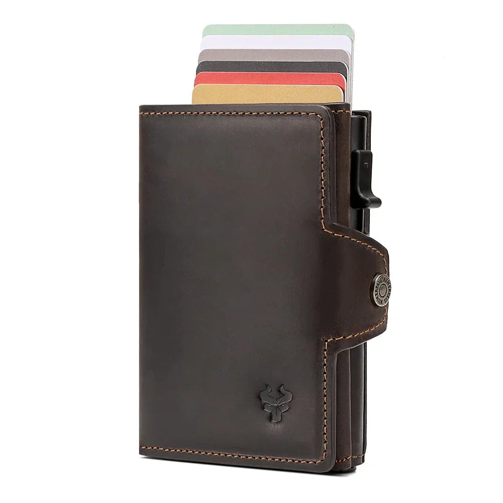 Porte-Carte en Cuir Marron pour Homme avec Mécanisme Pop-Up