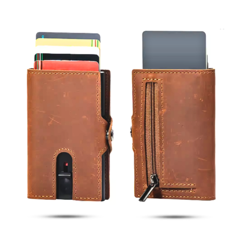 Porte-Carte en Cuir Marron pour Homme avec Poche Zippée