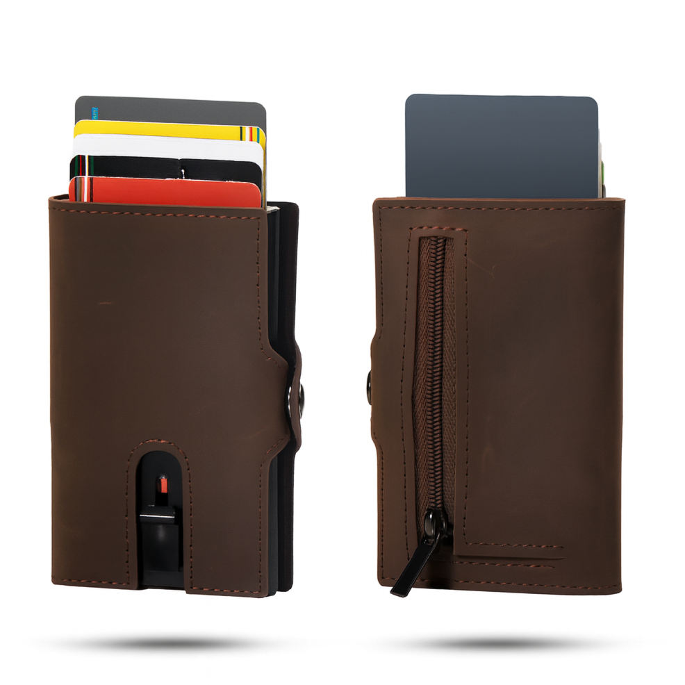 Porte-Carte en Cuir Marron pour Homme avec Poche Zippée