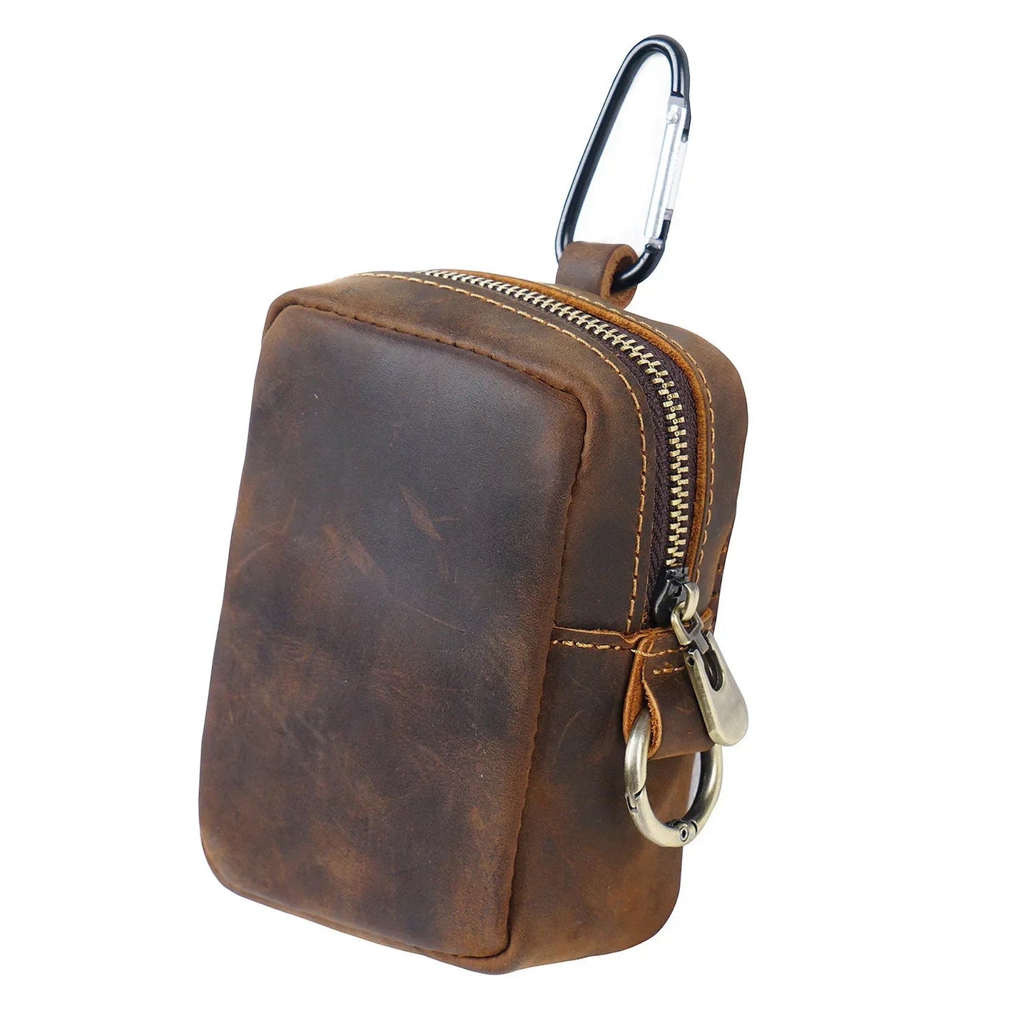 Porte-Monnaie de Ceinture en Cuir Marron avec Mousqueton