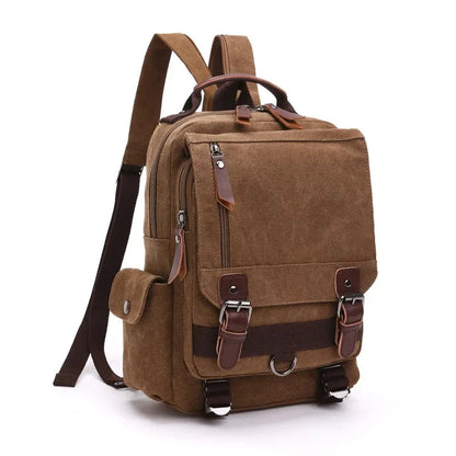 Sac à Dos Vintage Toile Kaki Homme Finitions Cuir Marron