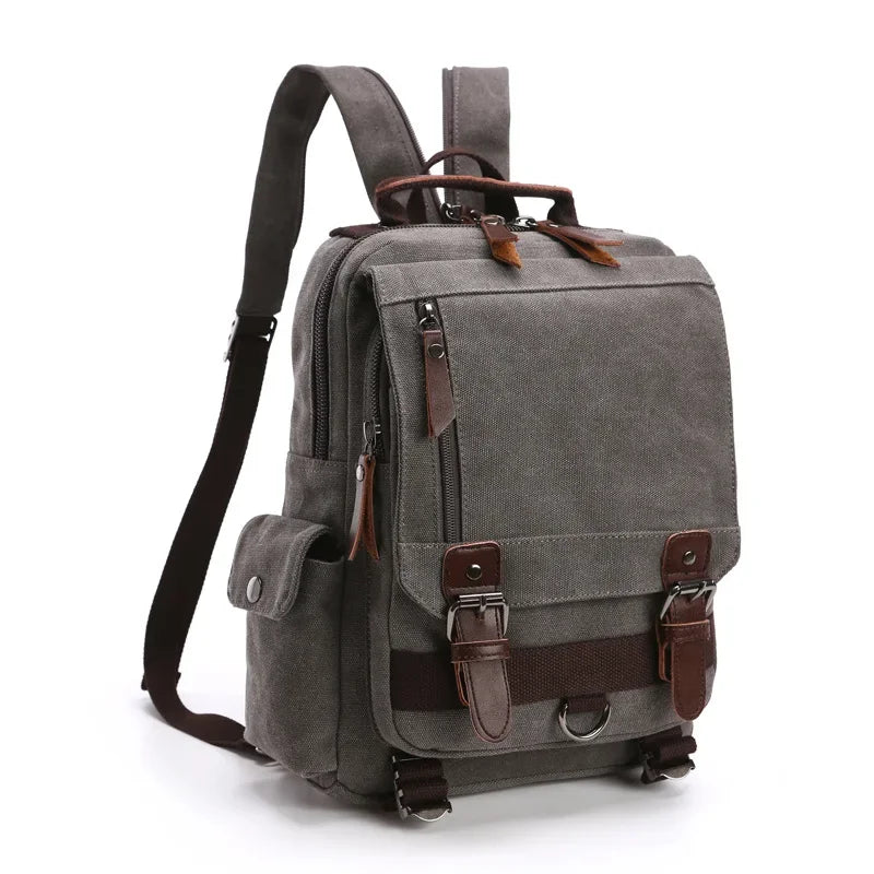 Sac à Dos Vintage Toile Kaki Homme Finitions Cuir Marron