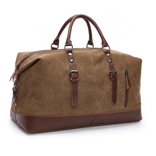 Sac de voyage homme en toile marron avec renforts et poignées en cuir