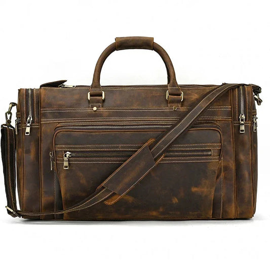 Sac de voyage homme rectangulaire en cuir marron avec plusieurs poches
