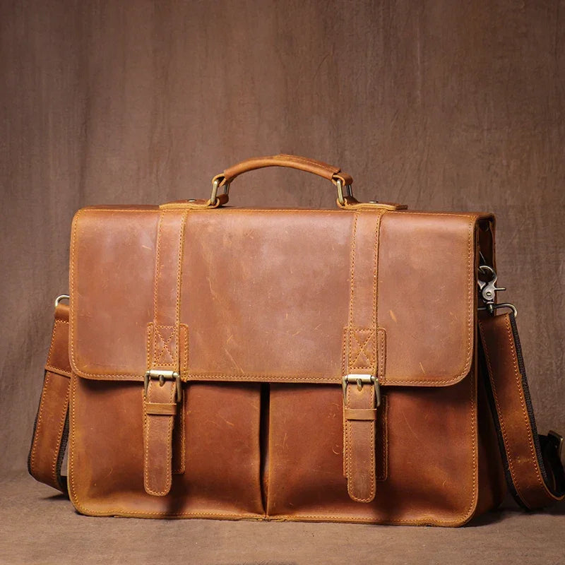 Sacoche Cuir Marron pour Homme Cartable Boucles Doubles Élégant