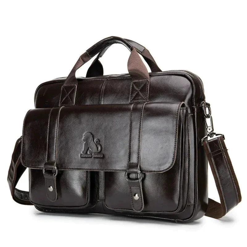 Sacoche Cartable Homme en Cuir, Double Poche Frontale Zippée