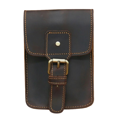Sacoche Ceinture Homme Cuir Marron Vieilli Boucle Authentique