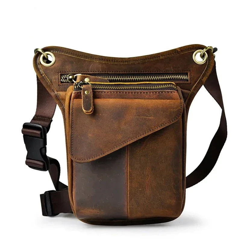 Sacoche de Jambe Cuir Homme Marron Poche Zippée Réglable
