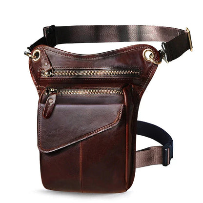 Sacoche de Jambe Cuir Homme Marron Poche Zippée Réglable