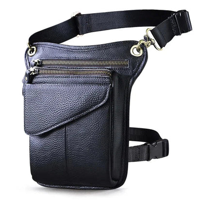 Sacoche de Jambe Cuir Homme Marron Poche Zippée Réglable