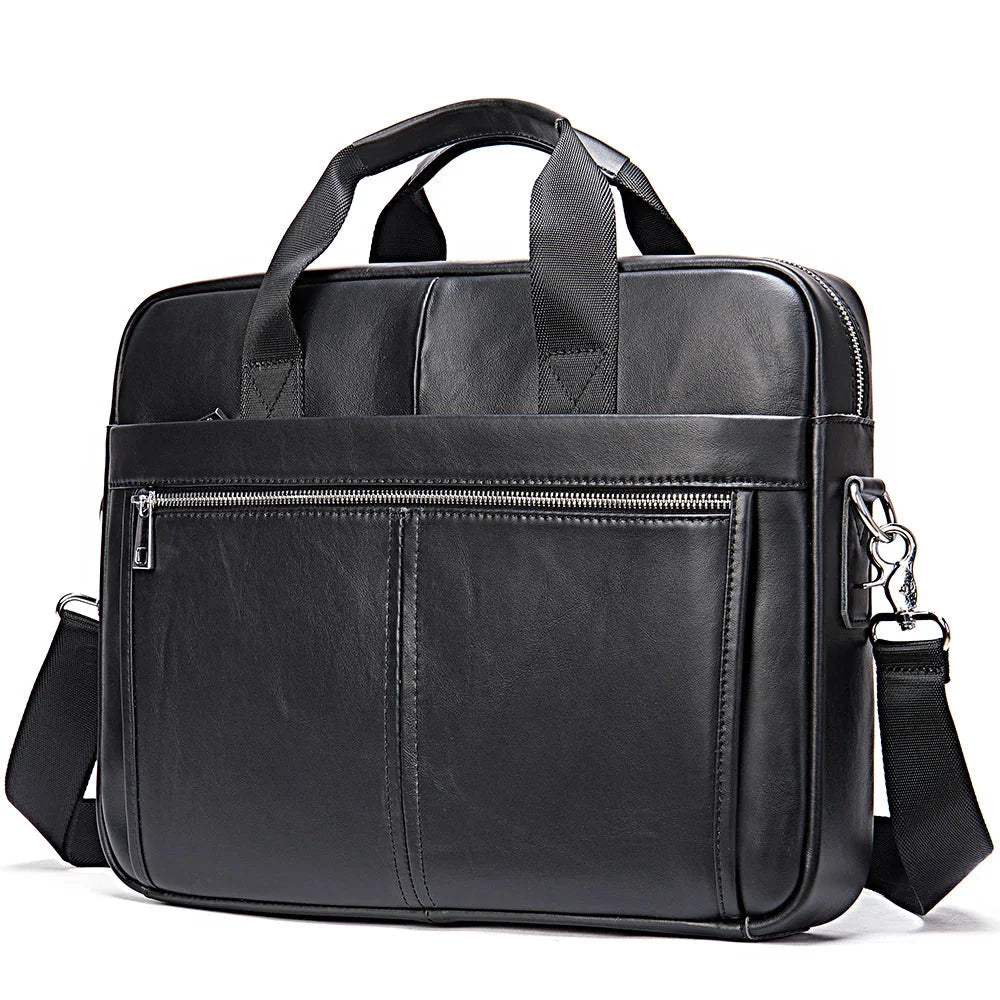 Sacoche Ordinateur Cuir Homme Noire, Cartable à Deux Poches