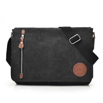 Sacoche Homme en Toile Noire - Sac Besace Cartable Rétro