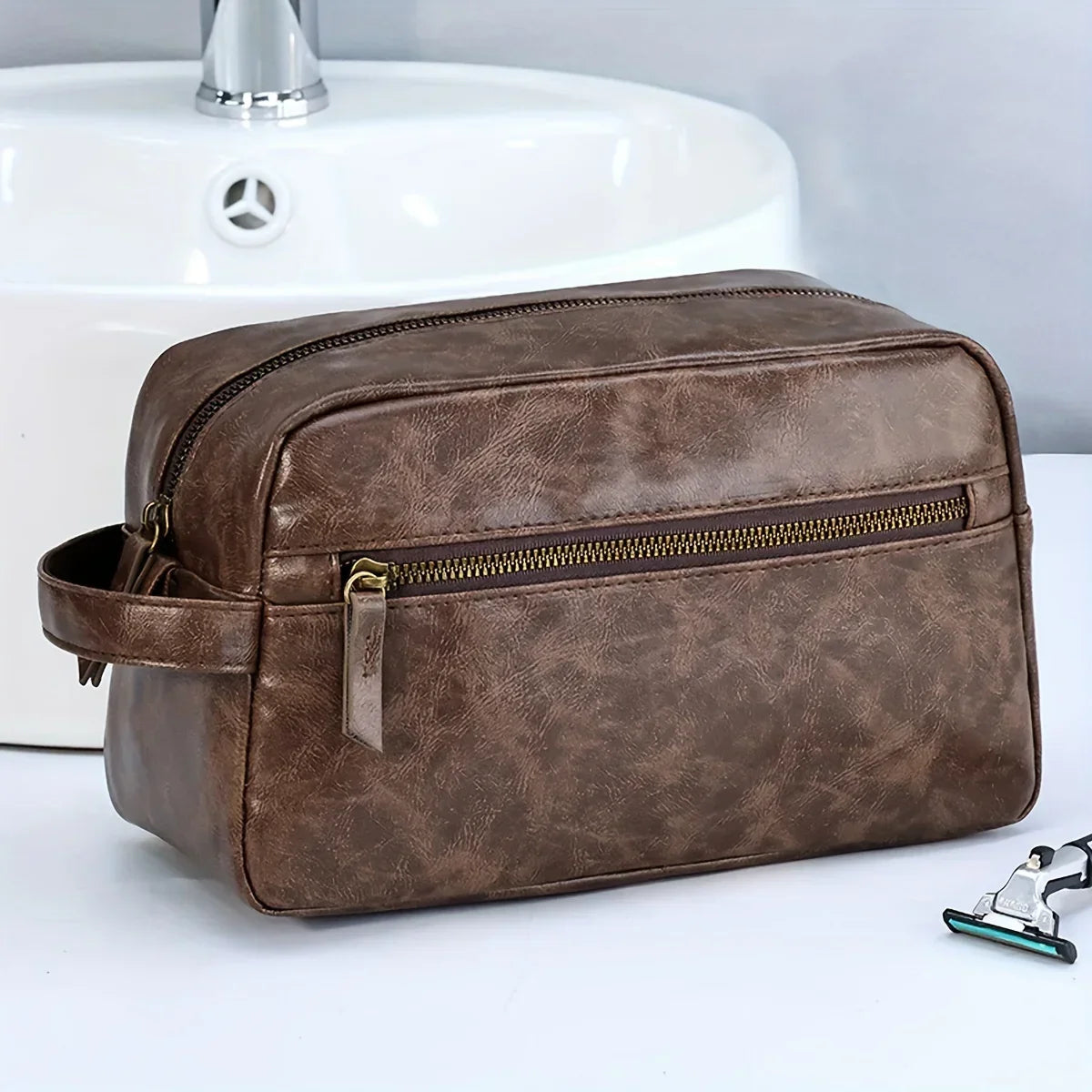 Trousse de Toilette pour Homme en Cuir, Format Compact et Pratique